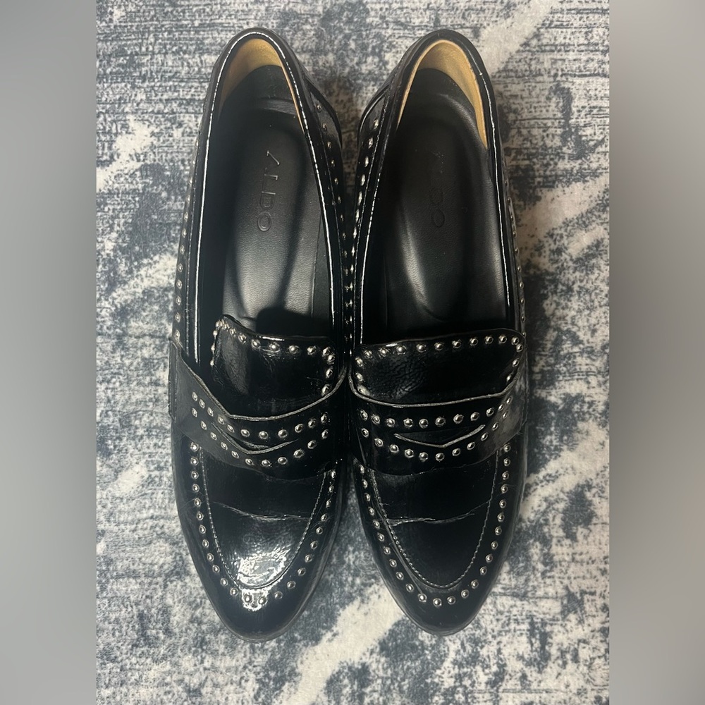 Women’s‎ Size 7.5 Black Faux Leather Aldo Agroania Loafer with Metal Studs.